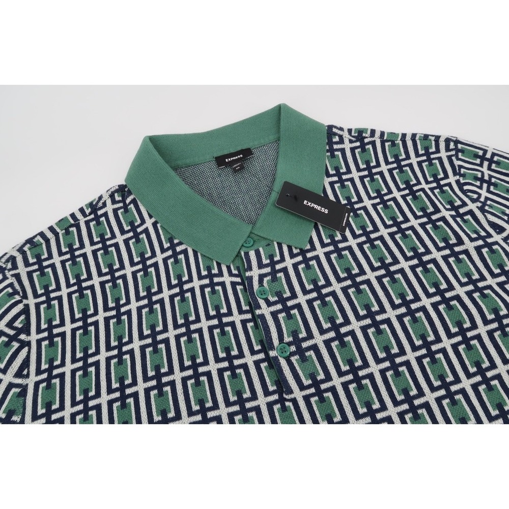 Express Knit Sweater Polo Shirt Mens XXL Green Geometric Short Sleeve NEW